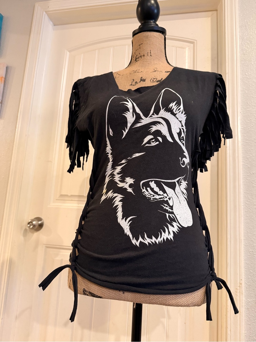 Upcycled German Shepherd Fringe Tee – Size Small